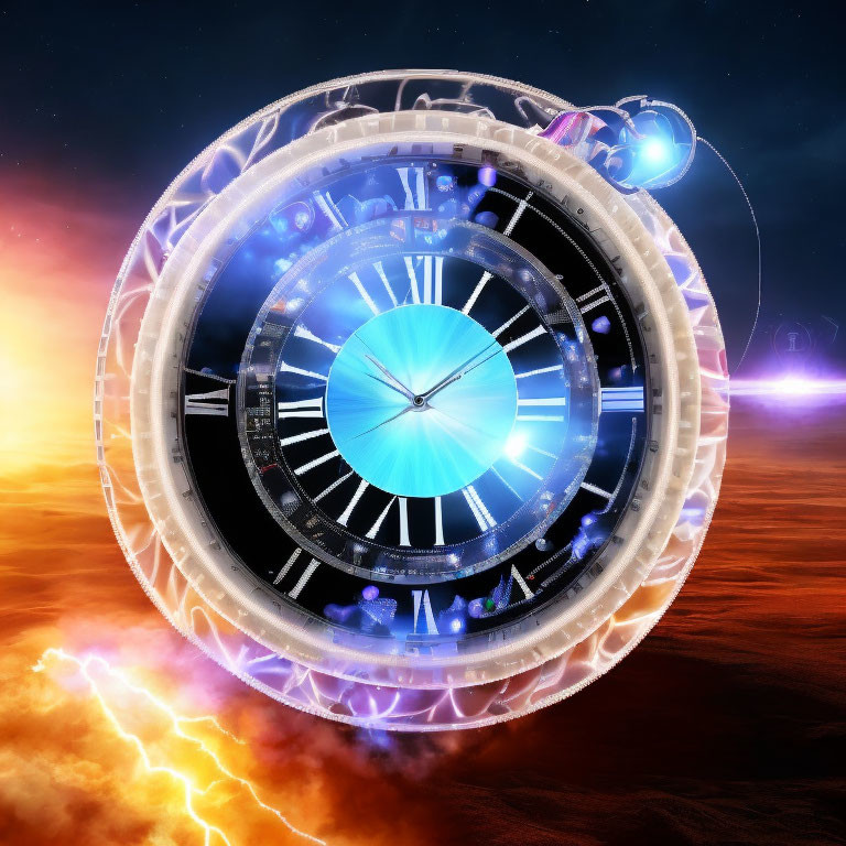 Ornate clock floating above fiery landscape with time travel elements