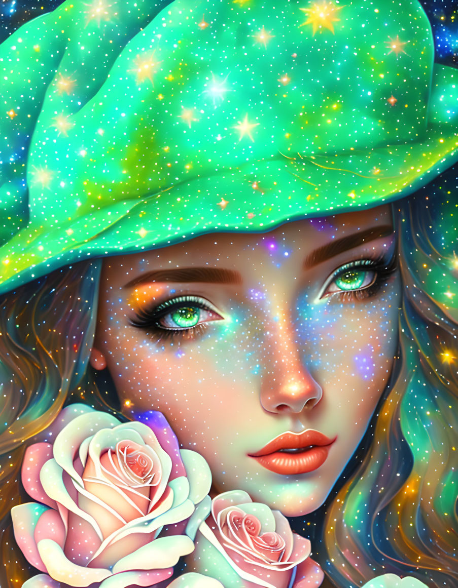 Digital artwork: Woman with galaxy complexion, green beret, pink roses, sparkling stars.