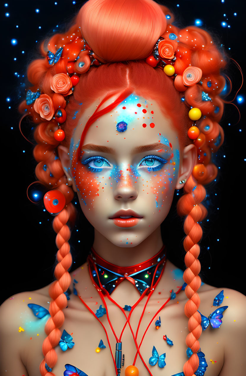 Digital artwork: Woman with vibrant red hair, ocean-themed accessories, blue-dotted skin, colorful butterflies