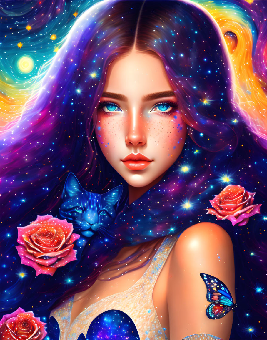 Digital artwork featuring woman with cosmic-themed hair, stars, nebulae, blue cat, roses,