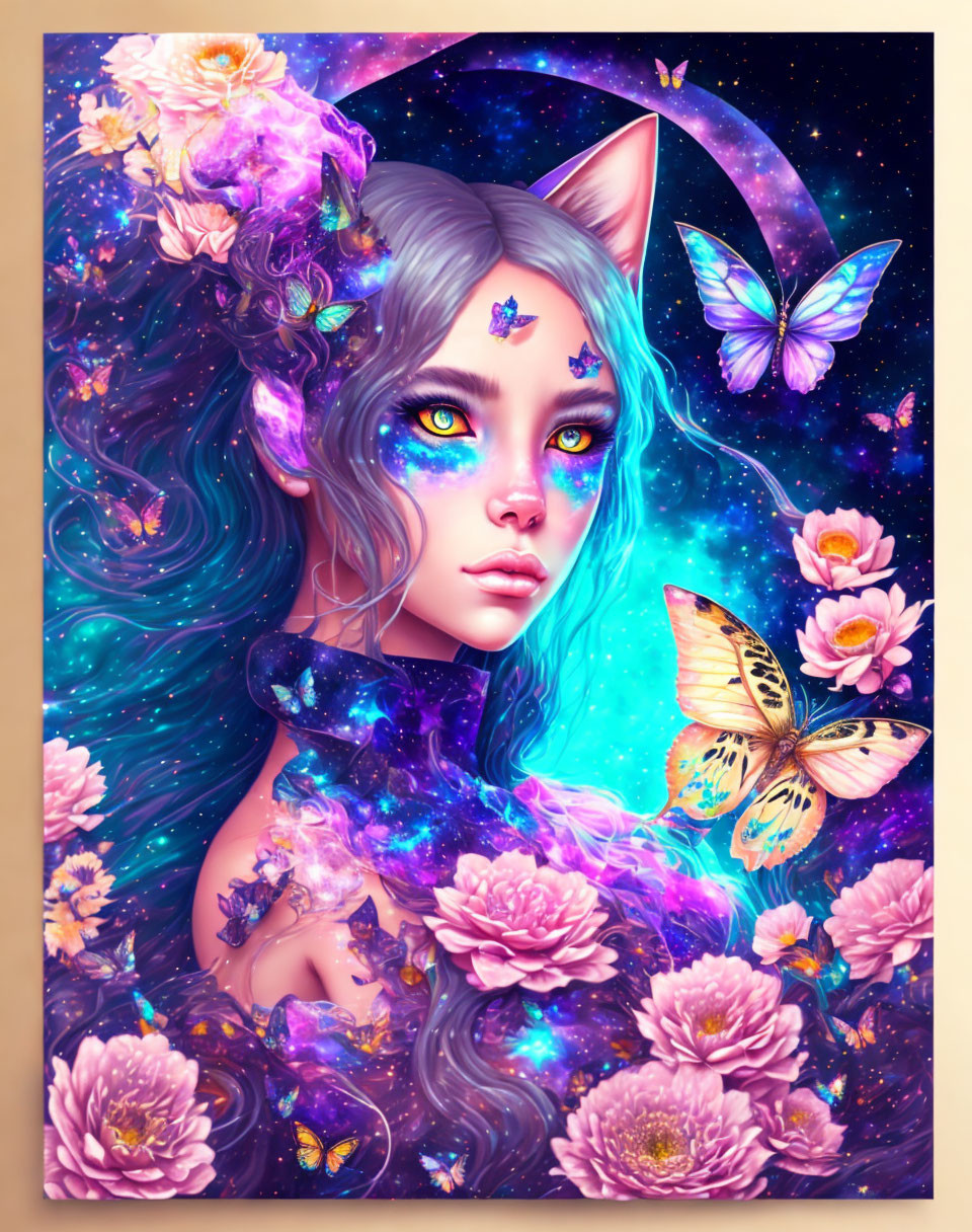 Anime-style illustration of female character with blue hair, cat ears, vibrant flowers, cosmic background.