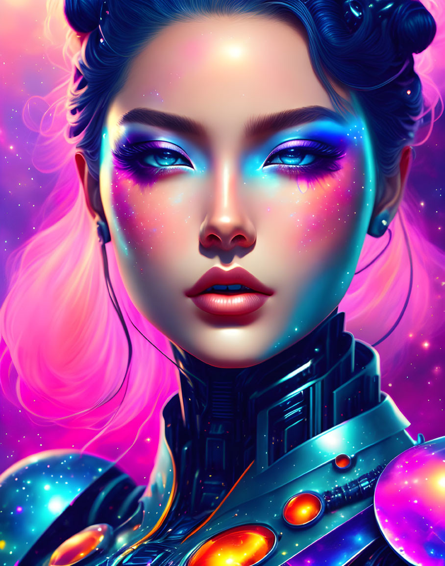 Cosmic-themed digital portrait of a woman with vibrant pink hair