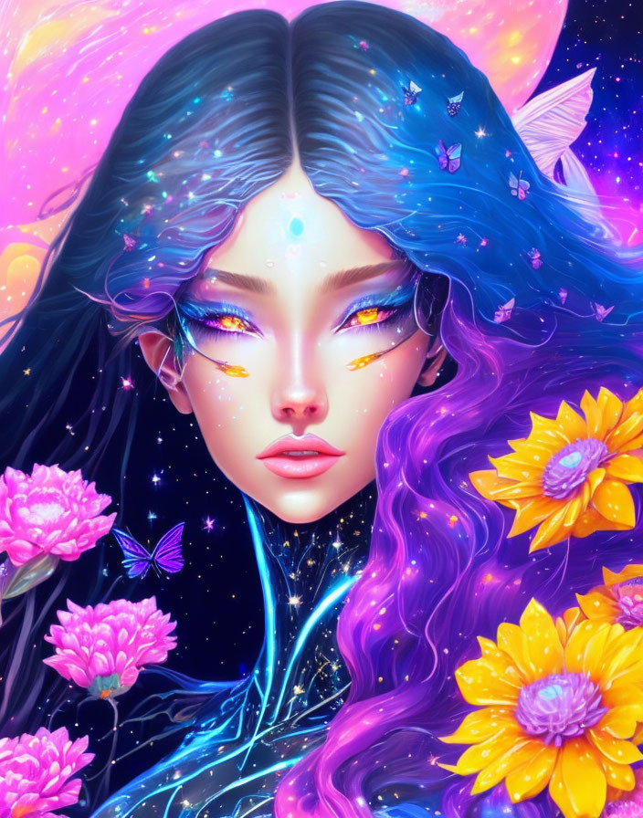 Vibrant woman illustration with blue hair and purple eyes among flowers and butterflies