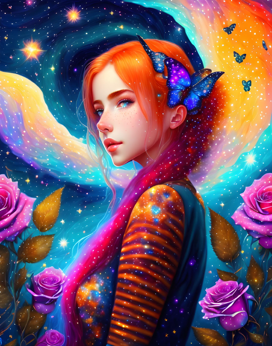 Illustration of woman with orange hair in cosmic setting surrounded by roses