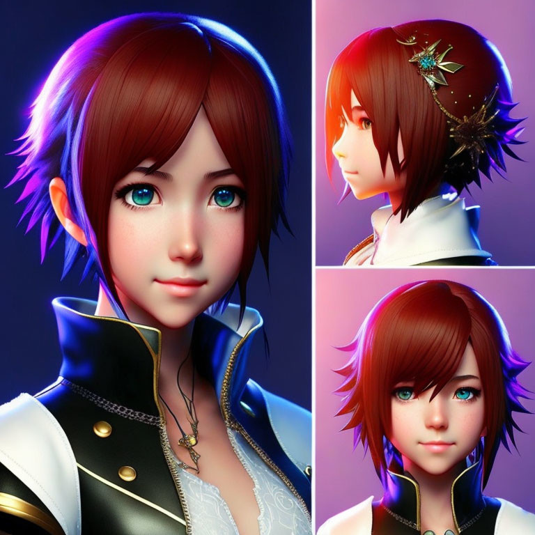 Red-haired, blue-eyed animated character collage in dynamic poses on purple background