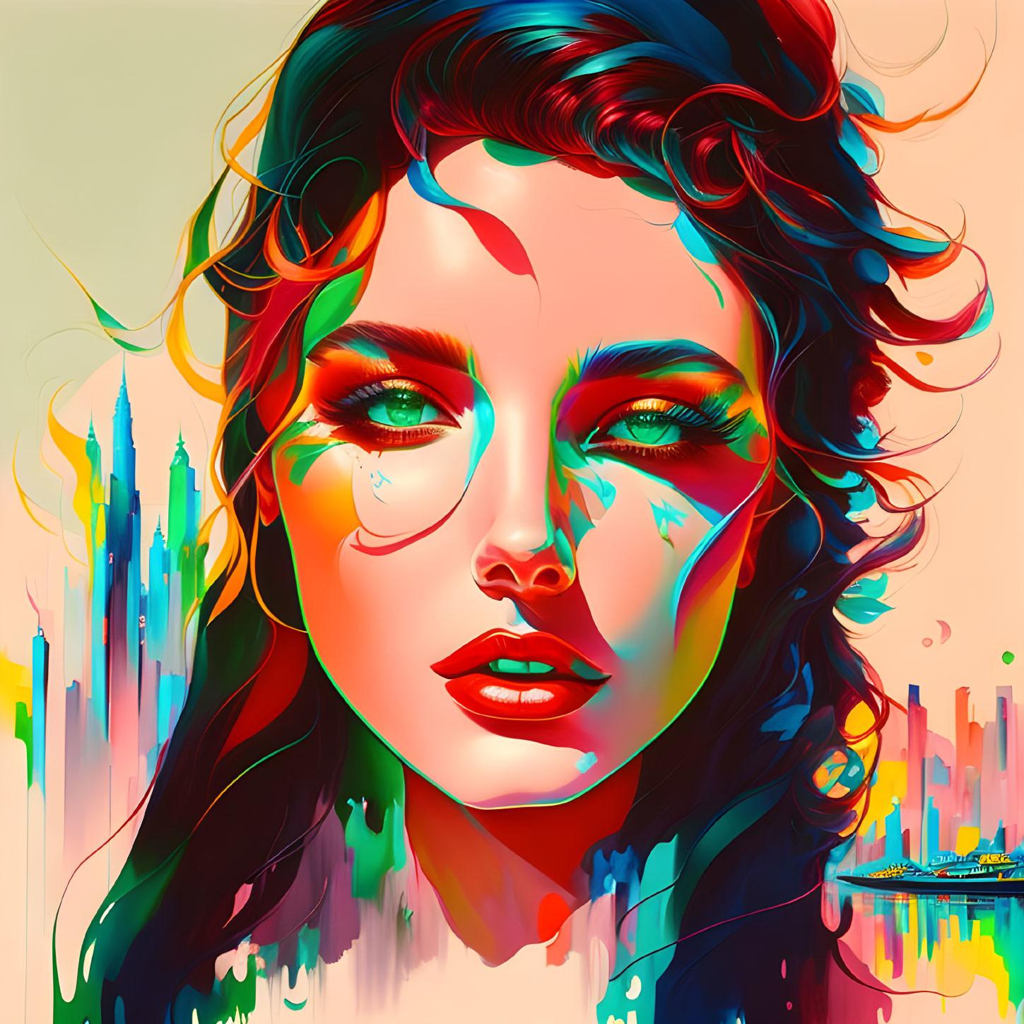 Colorful digital portrait of a woman with curly hair against abstract cityscape.