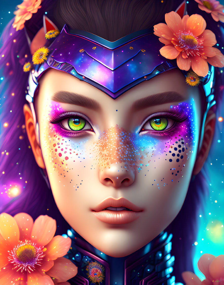 Stylized portrait of a woman with purple eyes and cosmic headpiece among orange flowers