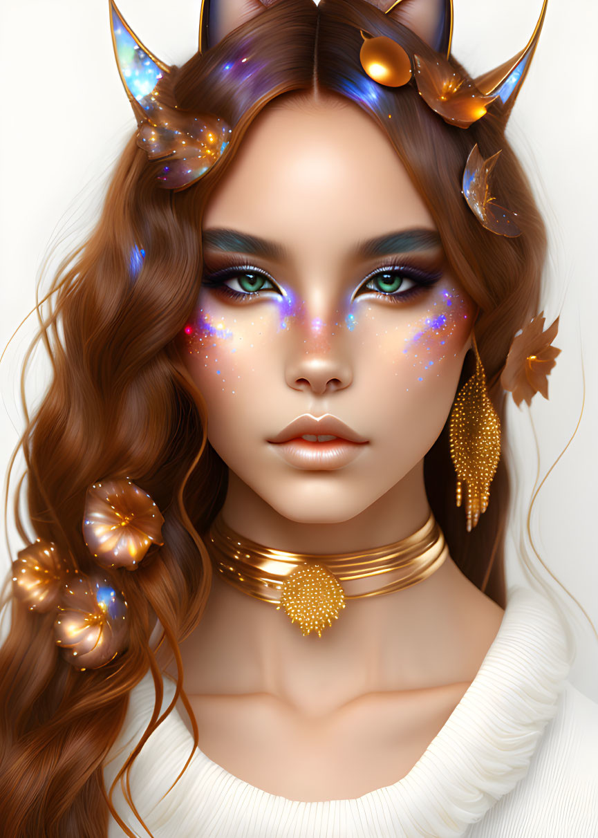 Fantasy portrait of a woman with cosmic makeup, horned headpiece, and golden jewelry