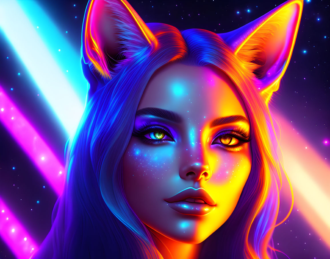 Colorful Female Character with Neon Cat Ears and Luminous Eyes in Cosmic Scene