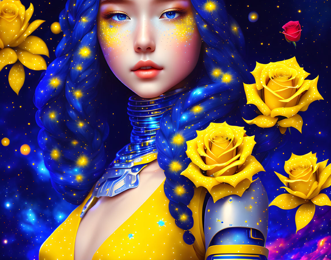 Colorful digital artwork: Woman with blue hair, yellow flowers, starry fantasy sci-fi theme