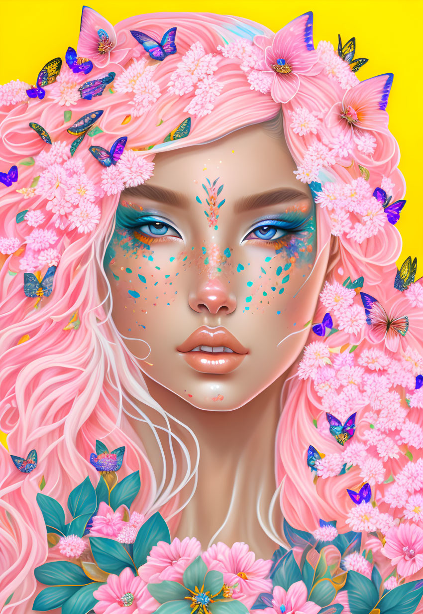 Vibrant digital portrait of a woman with pink hair and floral elements