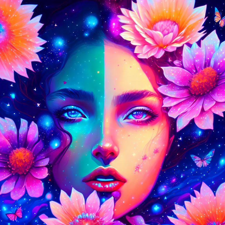 Colorful Woman's Face with Cosmic Elements and Flowers