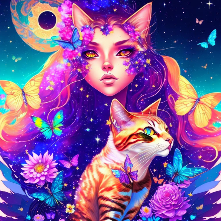 Colorful cat and cosmic woman's face surrounded by butterflies, flowers, and stars