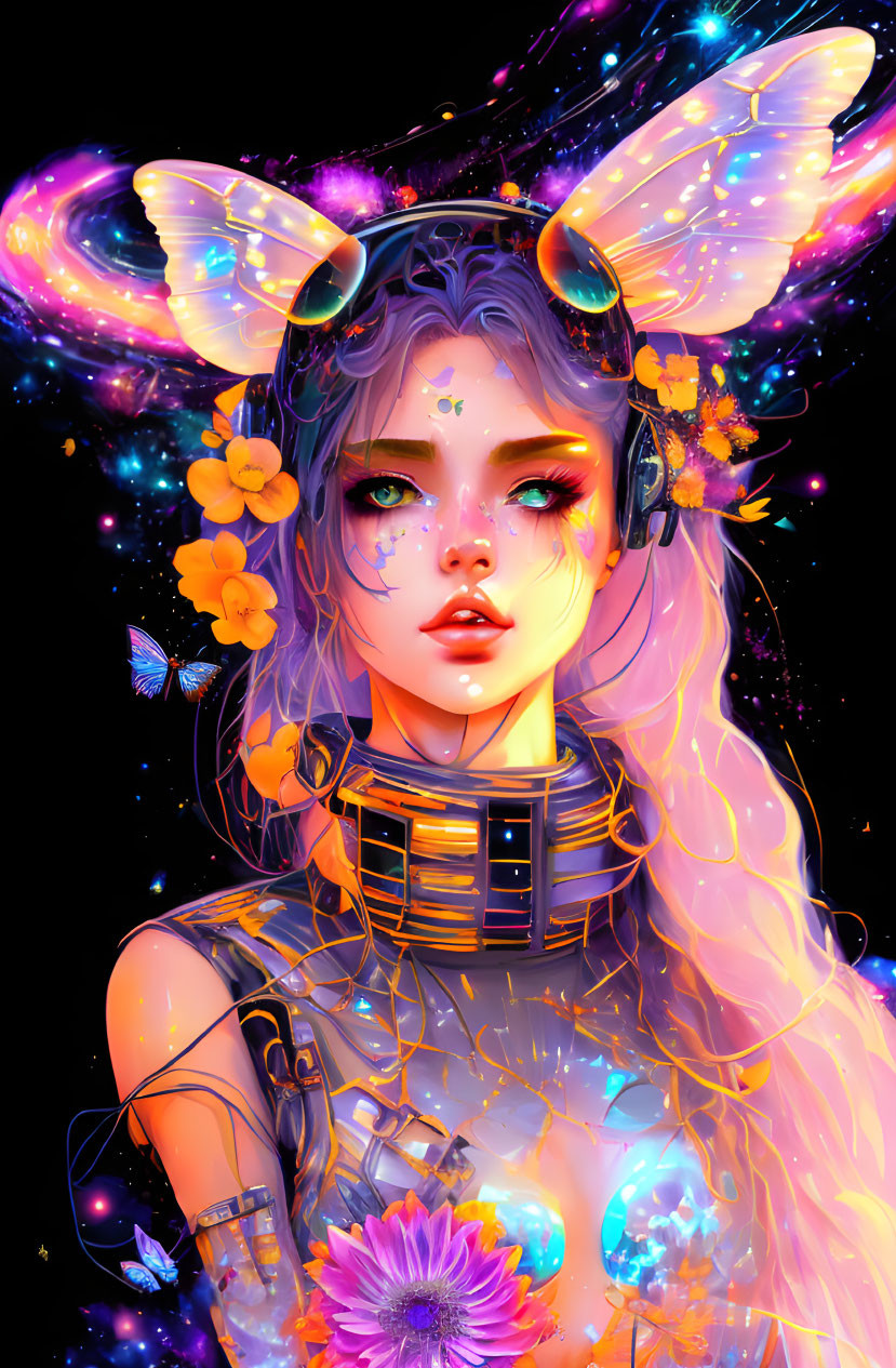 Digital artwork featuring female with butterfly wing ears, luminous hair, and futuristic neckpiece against starry