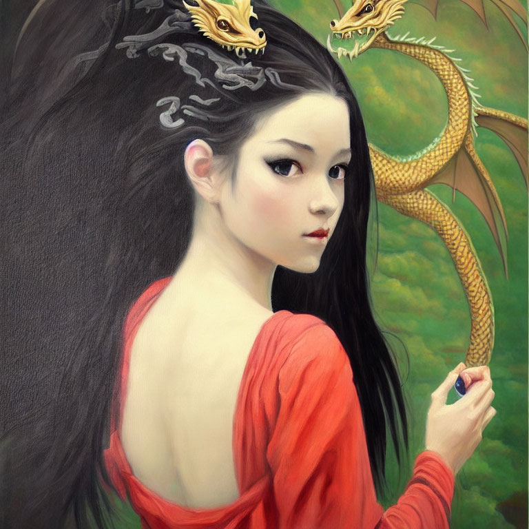 Portrait of Woman in Red Garment with Golden Dragon on Green Background