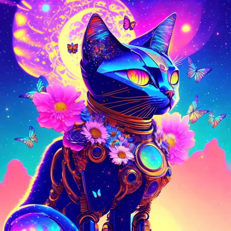 Colorful Robotic Cat with Floral Decor on Cosmic Background