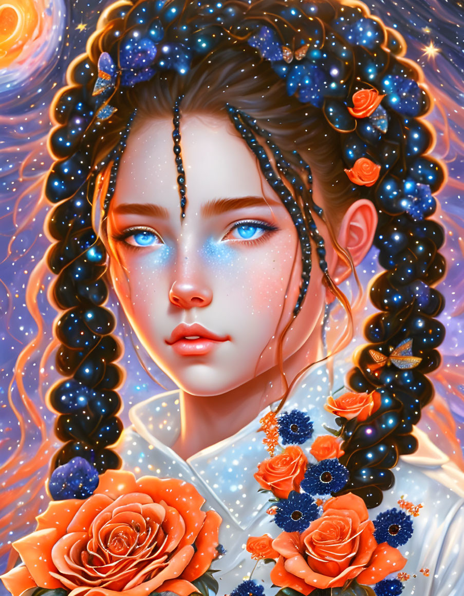 Fantastical portrait of a woman with blue eyes and starry adornments