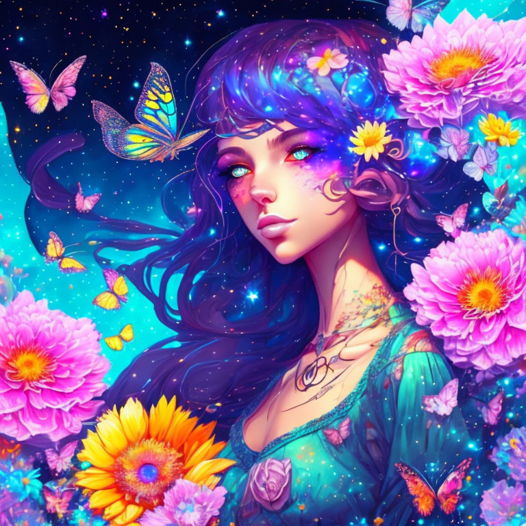 Colorful artwork: woman with purple hair, flowers, butterflies, starry night.