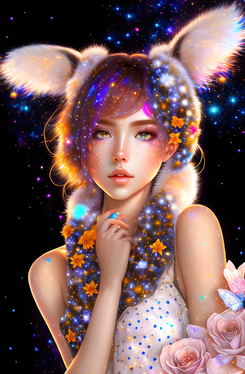 Digital artwork of girl with cosmic fox-like ears and stars, orange flowers, ethereal aura