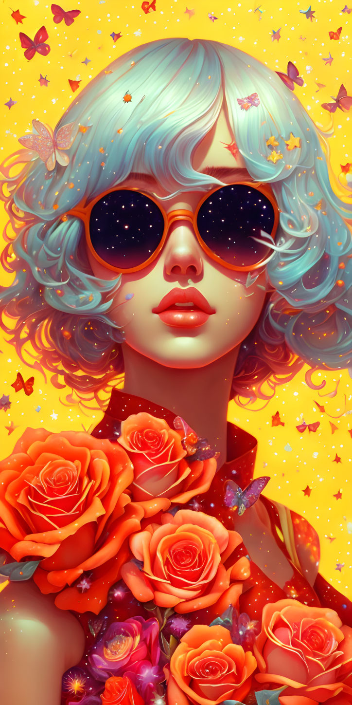 Person with Blue Hair and Sunglasses Surrounded by Roses and Butterflies