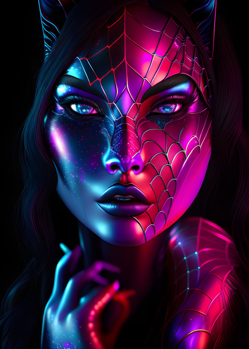 Colorful digital portrait with cat-like features and neon lighting effects