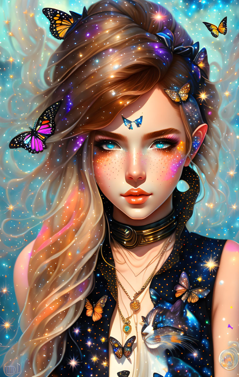 Digital artwork: Girl with blue eyes, butterflies, stars, wavy hair, celestial background