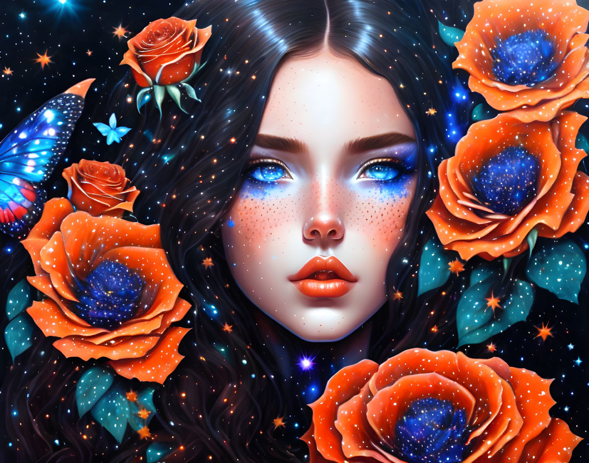 Fantasy portrait: Woman with blue eyes, orange roses, blue butterfly, starry night.