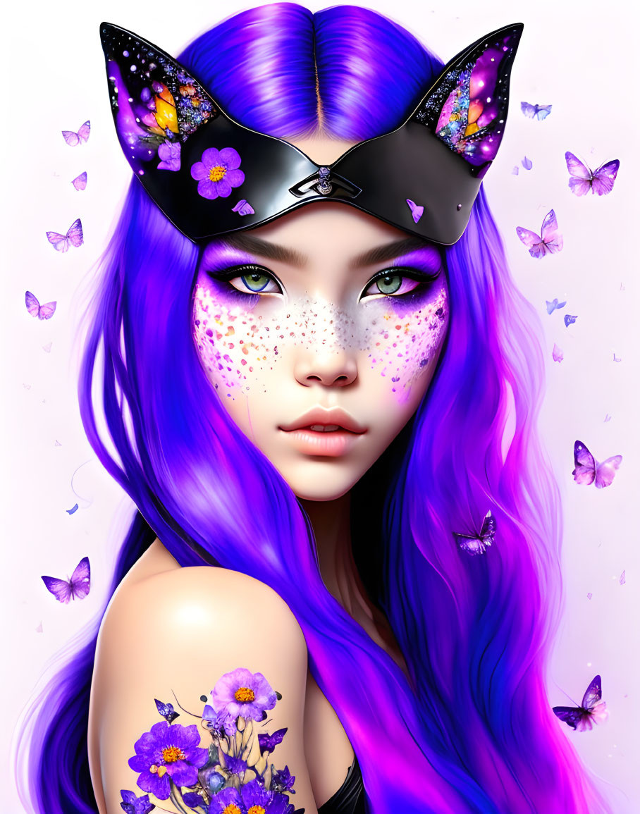 Vibrant purple-haired girl with cat-ear headband and butterfly surroundings.