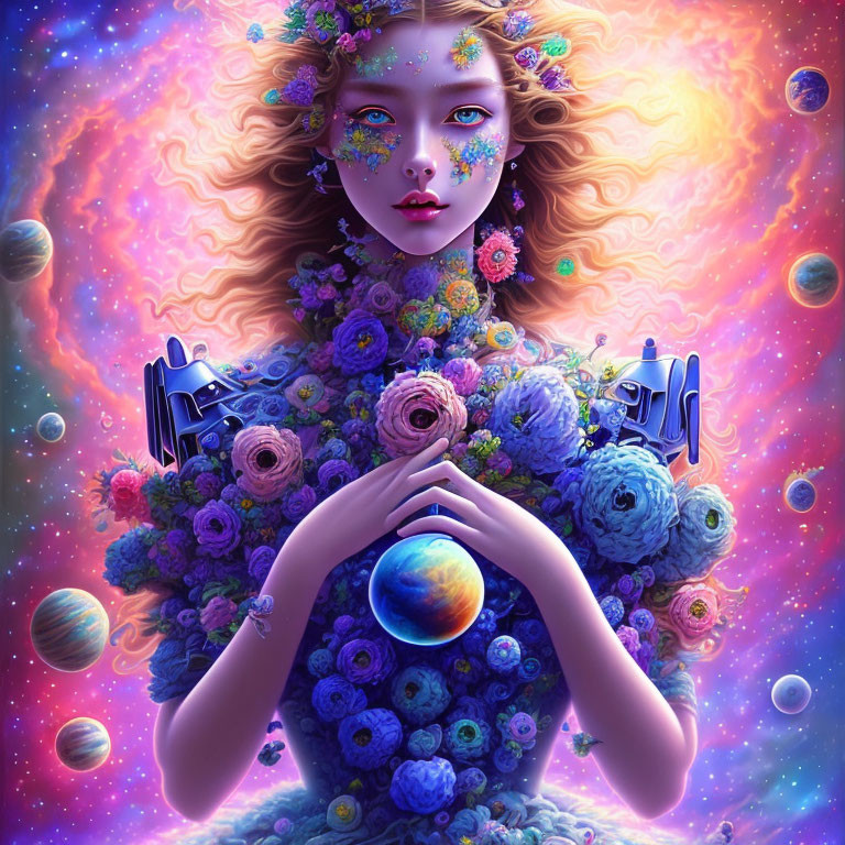 Cosmic-themed portrait of a woman with vibrant flowers and planet against nebula