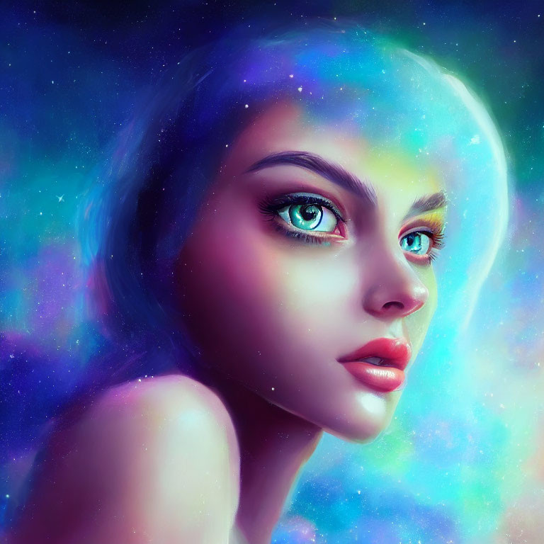 Vibrant cosmic close-up portrait of woman with green eyes