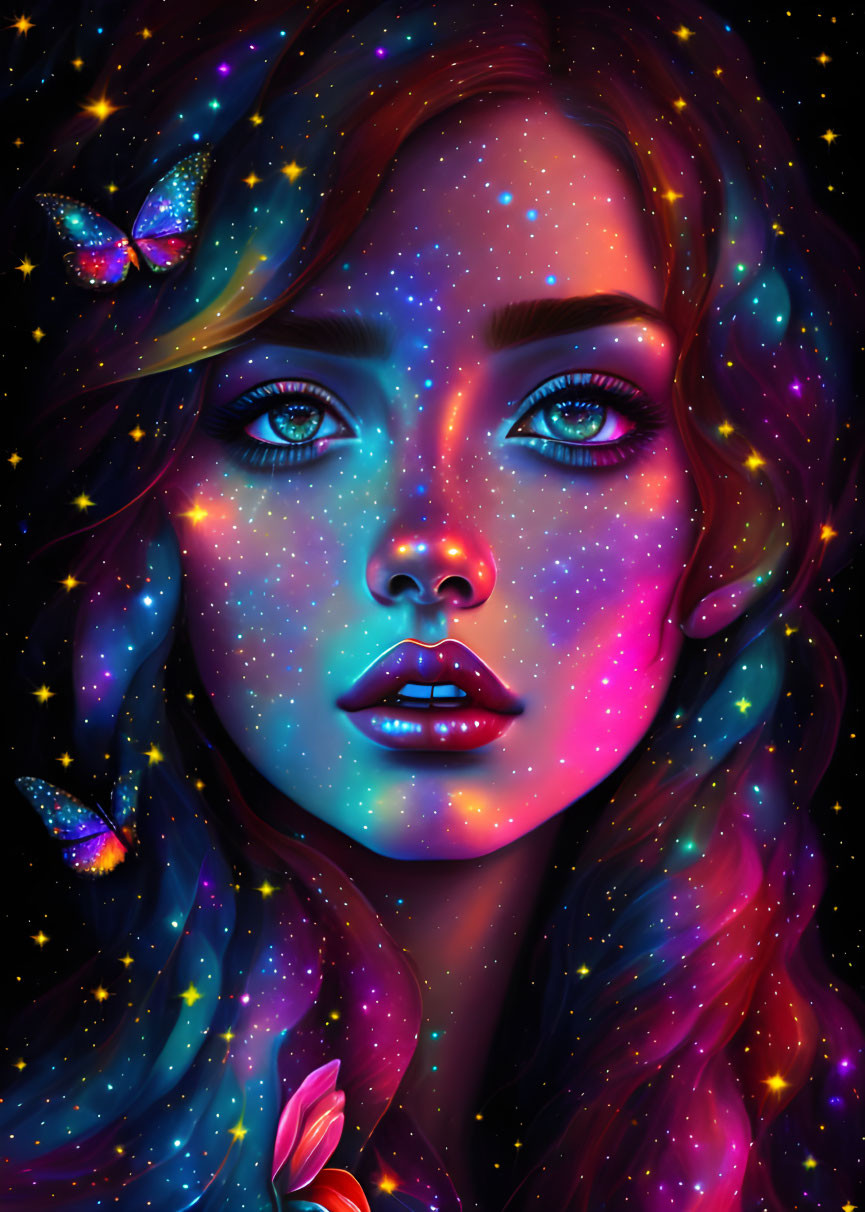 Colorful digital portrait of a woman with cosmic-themed skin and butterflies.