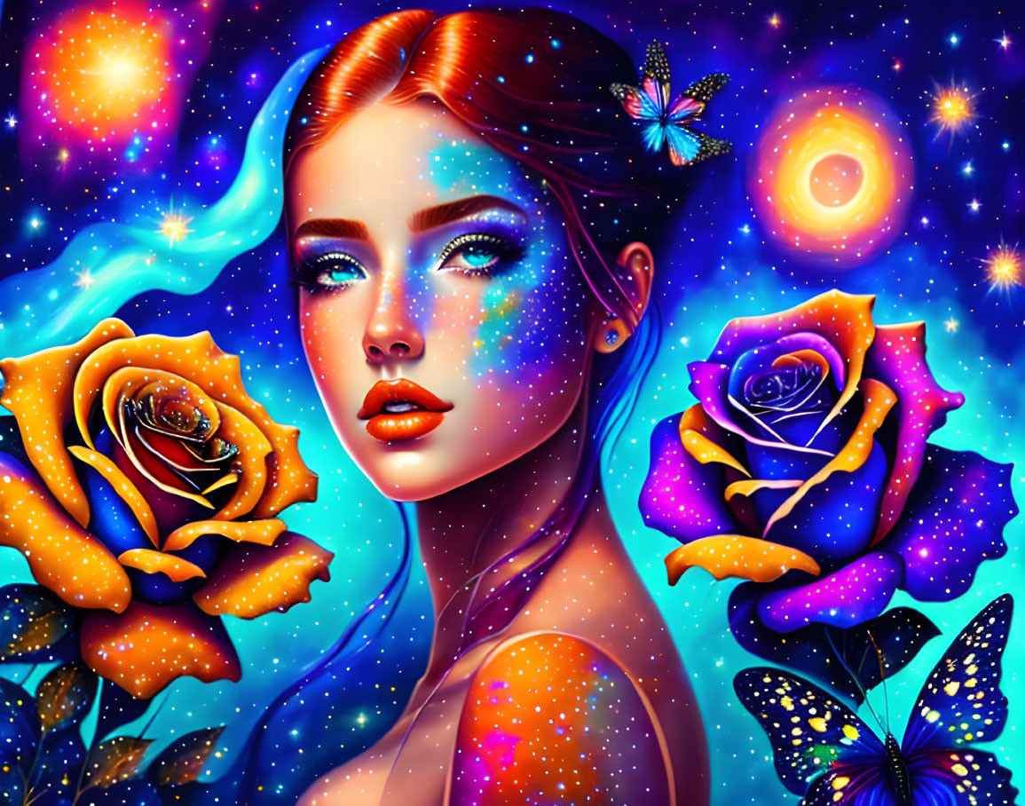 Cosmic-themed portrait of a woman with red hair surrounded by stars, butterflies, and roses