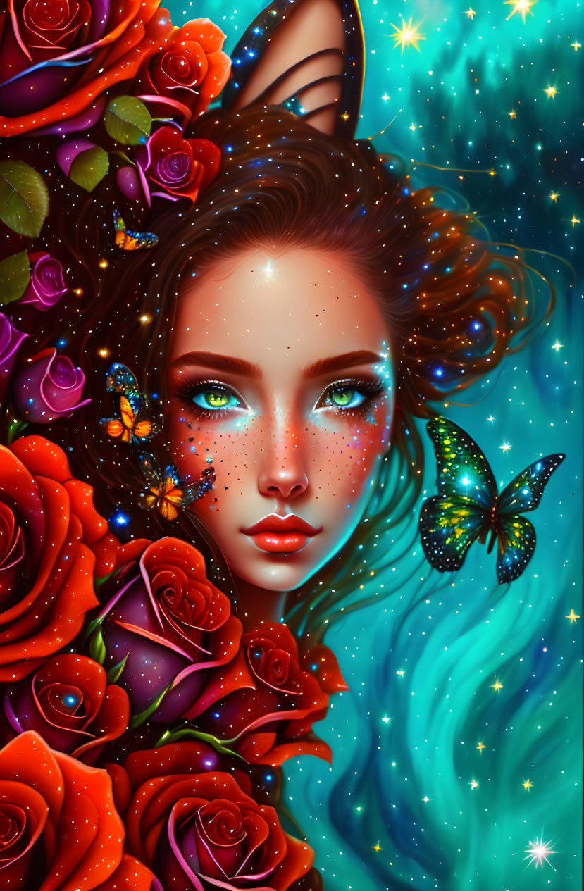 Fantasy portrait: Woman with blue eyes, red roses, butterflies, starry background