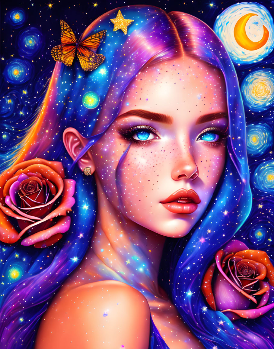 Colorful illustration: Woman with galaxy hair, roses, butterfly, celestial bodies