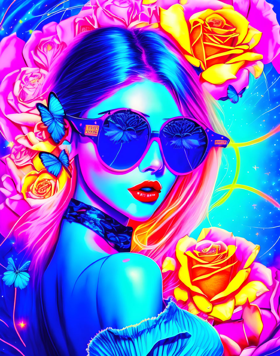 Colorful illustration: Woman with blue skin, sunglasses, roses, butterflies on cosmic backdrop.