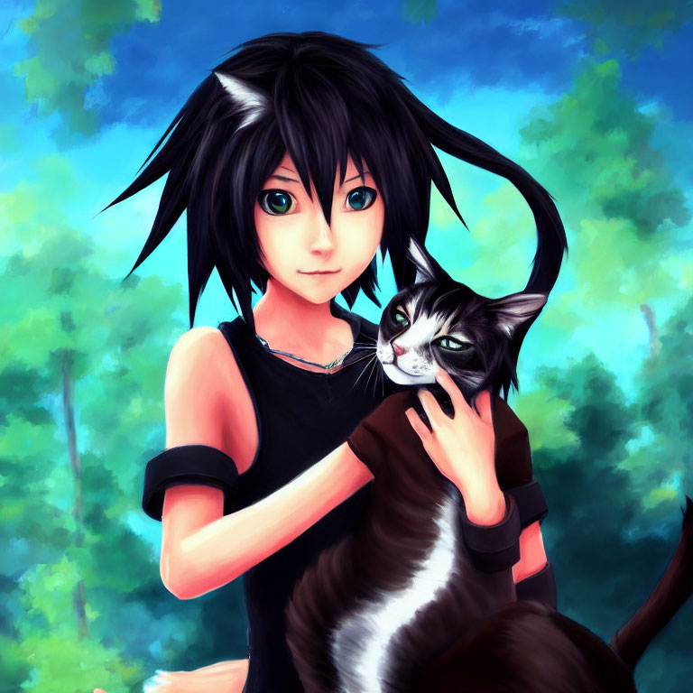 Anime-style character with black hair and blue eyes holding a black and white cat in front of a blue