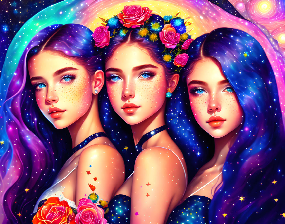 Three women with galaxy-themed hair and starry bodies in cosmic setting