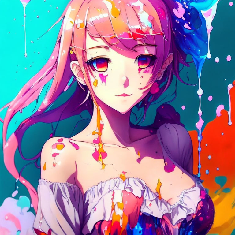 Vibrant Anime-Style Girl with Pink Hair and Paint Splashes