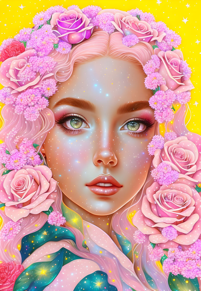 Digital illustration: Woman with pink floral hair on starry yellow backdrop