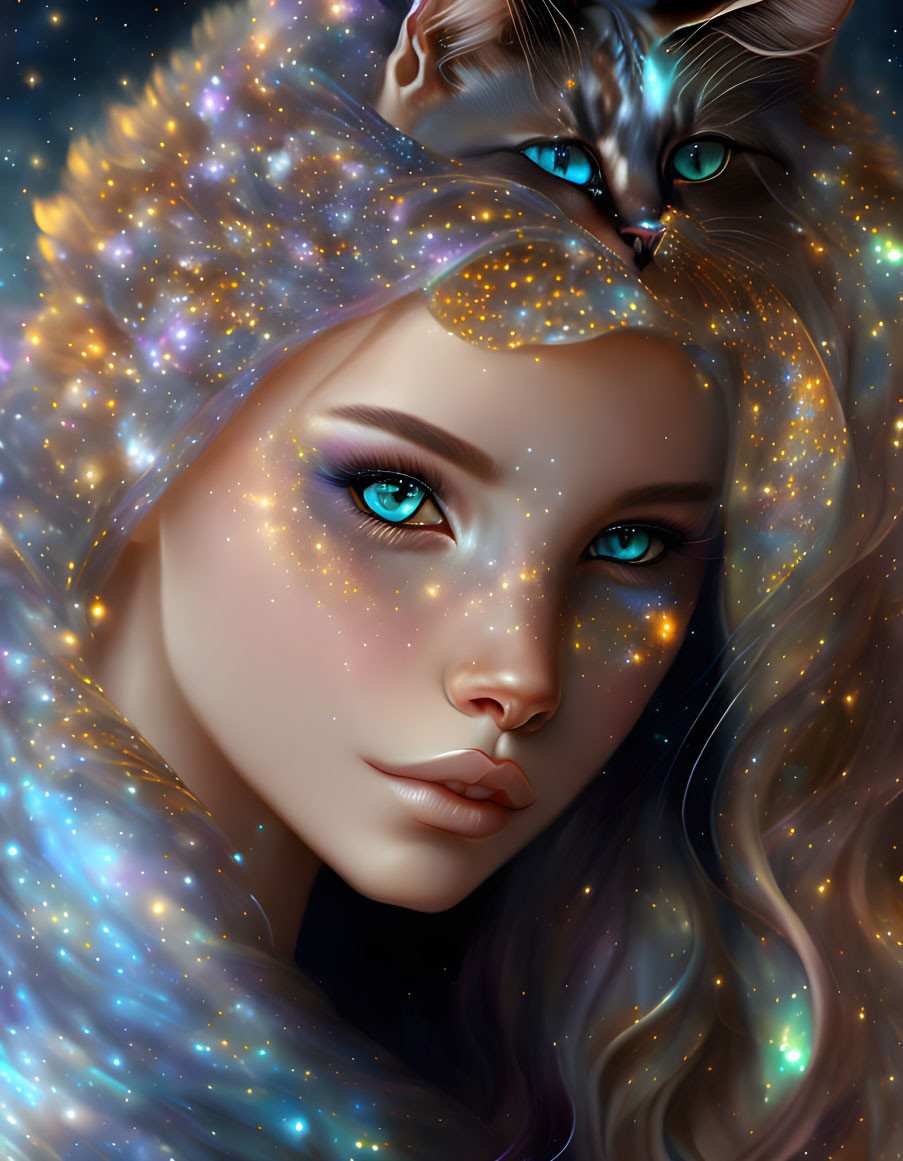 Digital art portrait of woman with cosmic motifs and cat featuring matching starry patterns.