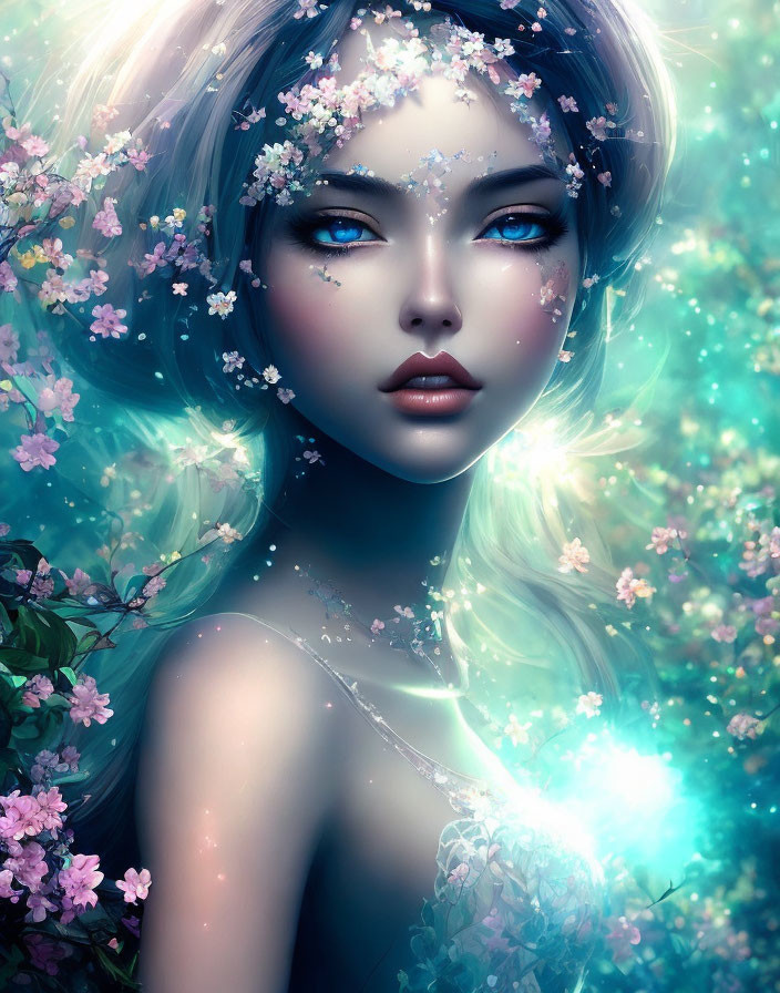 Digital Artwork: Woman with Blue Eyes and Dark Hair in Mystical Floral Surroundings