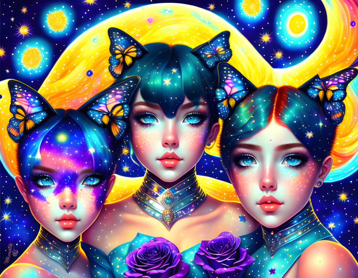 Colorful Stylized Female Characters with Galaxy Skin and Butterfly Accessories