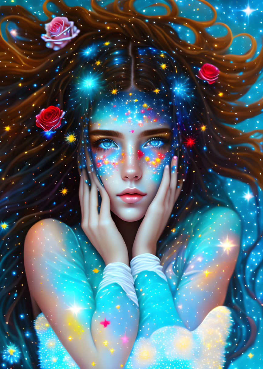 Digital Art: Woman with Galaxy Makeup and Rose Hair