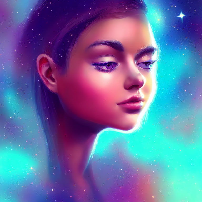 Cosmic-themed digital portrait of a woman with radiant skin and galaxy background