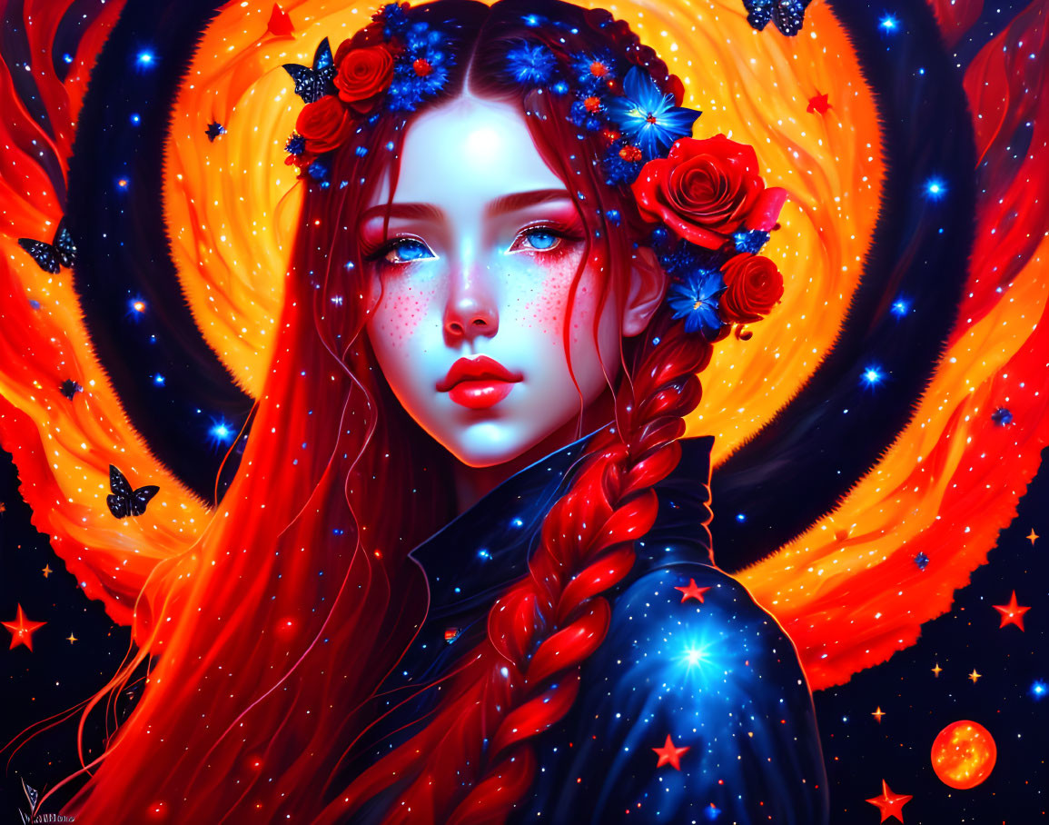 Vibrant red-haired girl with blue flowers in cosmic artwork