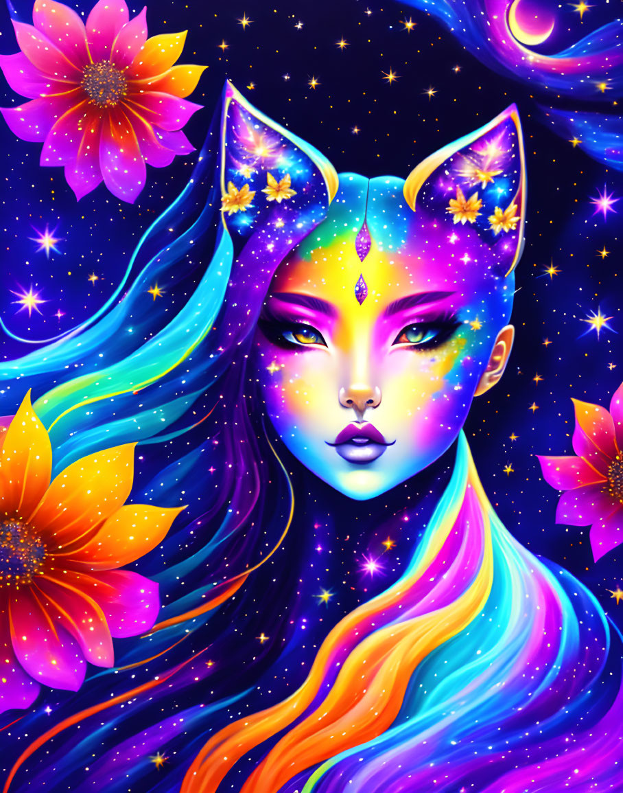 Colorful cosmic female figure with cat ears and galaxy skin in space.