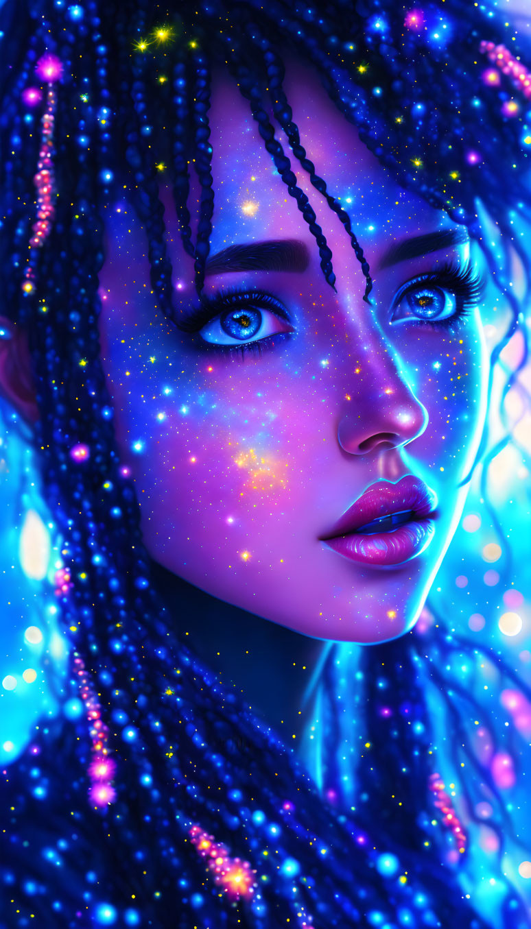 Digital portrait of woman with cosmic-themed skin, blue eyes, and starry night sky hair.