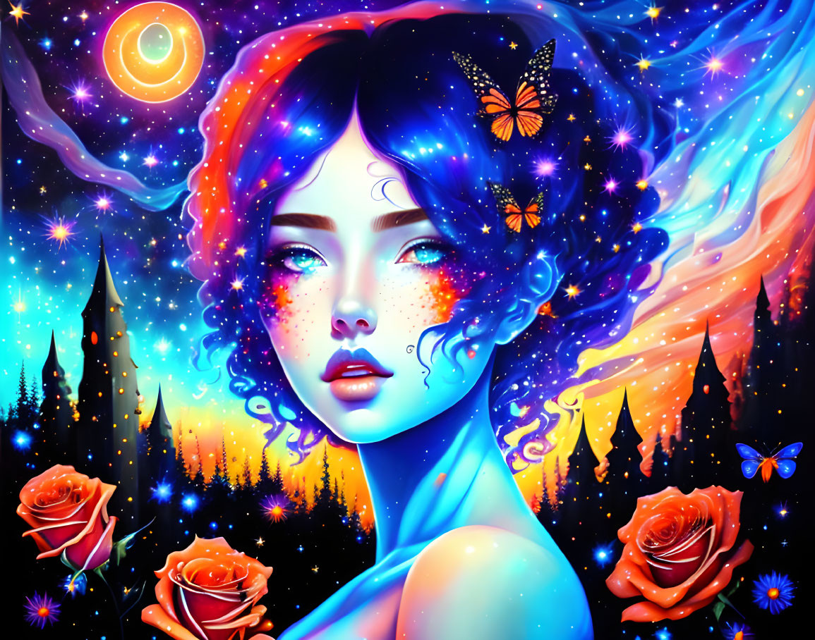 Colorful artwork: Woman with cosmic hair, stars, butterflies, roses, celestial backdrop.