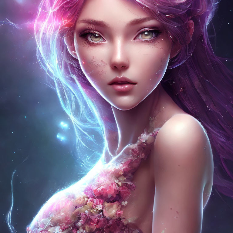 Digital portrait: Female character with purple hair, ethereal glow, and floral adornments against cosmic backdrop