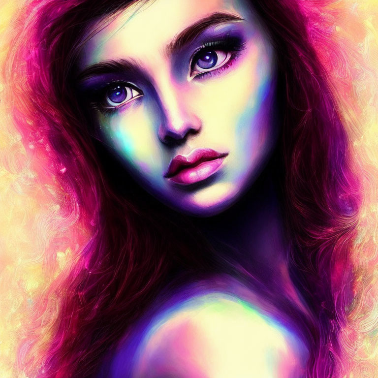 Colorful Digital Portrait of Woman with Multicolored Lighting and Red Hair